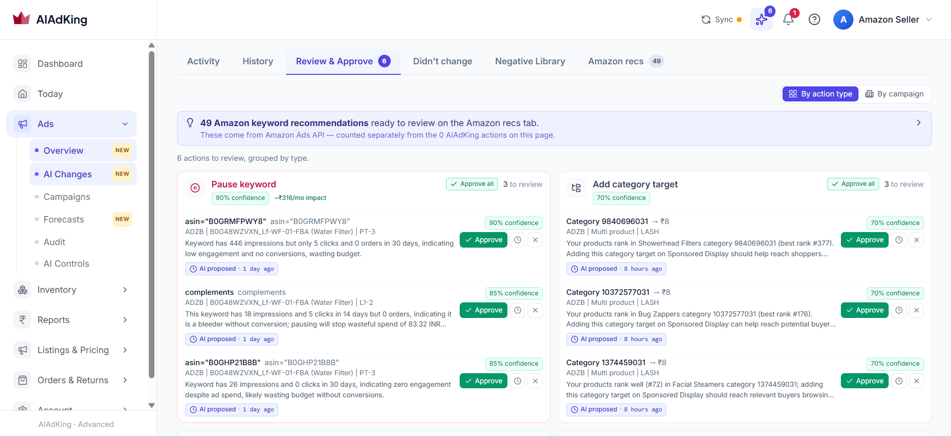 Amazon Ads AI review-and-approve queue in AIAdKing — proposed pause-keyword and add-category-target actions with AI confidence scores and estimated monthly INR impact.